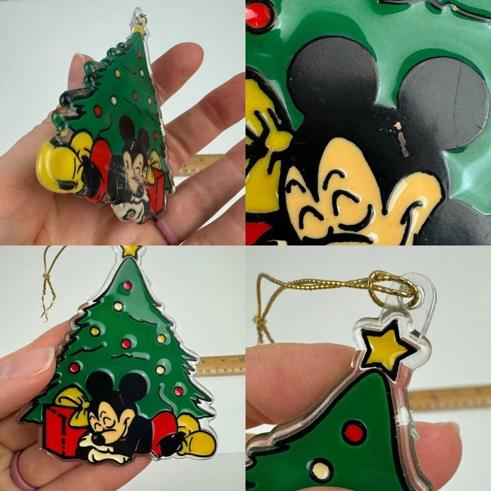 Vtg Mickey Mouse Sleeping Under Christmas Holiday Tree Ornament‎ Disney Plastic